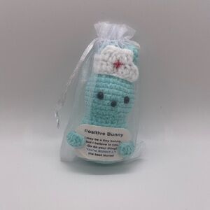 Crocheted Blue Nurse Bunny Small Desk Charm Cute New Fun Craft Art Animal Gift